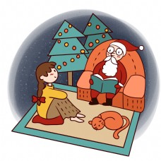 圣诞女孩手绘卡通可爱圣诞节圣诞老人与小女孩