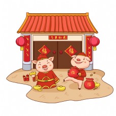 新年红色卡通插画猪年png