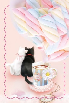 咖啡杯糖果色棉花糖猫咪咖啡海报背景素材
