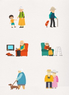 彩色卡通可爱老年人的快乐生活