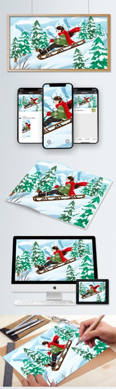 冬天雪景唯美冬天女孩雪地滑雪冬季雪景插画