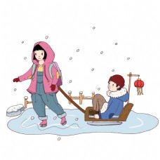 冬季小女孩冬季大寒冰面上拉爬犁小女孩插画