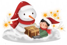 圣诞节拆礼物的雪人和儿童