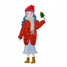 圣诞节戴圣诞帽的女孩手绘插画图封面圣诞女孩