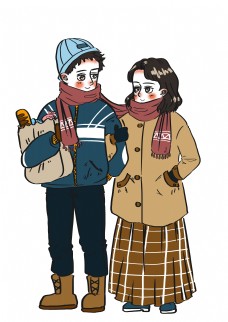 冬季情侣相伴逛街购物卡通人物