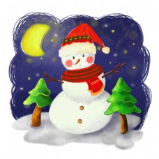 圣诞风景小清新手绘插画风圣诞节可爱雪人冬季夜晚小场景