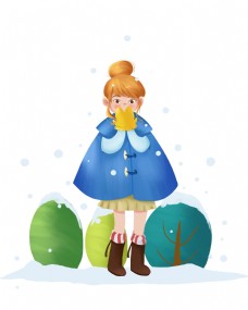 冬季小女孩冬季下雪天双手捂嘴小女孩插画