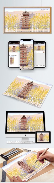 中国风古建筑敦煌莫高窟矢量插画