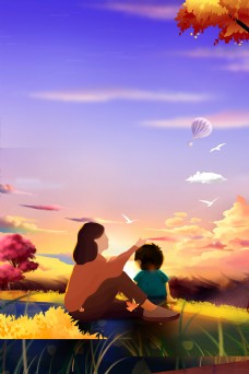 促销广告彩云下的母女感恩节背景素材