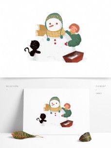 彩绘堆雪人的女孩可商用元素