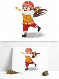 卡通可爱大雪中奔跑的女孩可商用元素