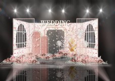 粉色ins风立体舞台窗户网格婚礼效果图