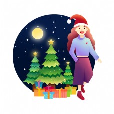 圣诞女孩平安夜圣诞节礼物和戴圣诞冒的女孩插画