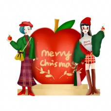 圣诞节闺蜜过圣诞平安果商业插画时尚姐妹红配绿