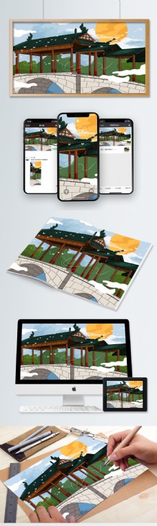 复古中国风古风建筑风雨桥插画素材