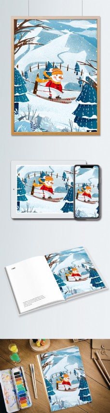唯美冬季雪人雪人雪地滑雪冬天雪景插画