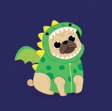 穿绿色恐龙外衣的卡通小狗