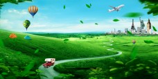 蓝天白云草地自然绿色风景海报素材
