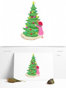 圣诞女孩彩绘女孩和圣诞树元素设计可商用元素
