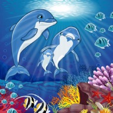 海豚世界手绘可爱卡通海豚海底世界插画