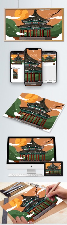 石亭复古中国风古风建筑庭院插画素材