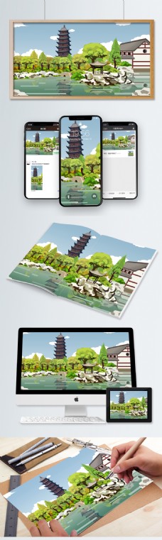 复古建筑中国风插画