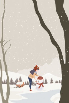 二十四节气之冬至堆雪人的女孩插画海报