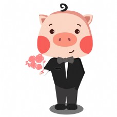 卡通手绘猪年可爱帅气穿西装拿捧花小猪