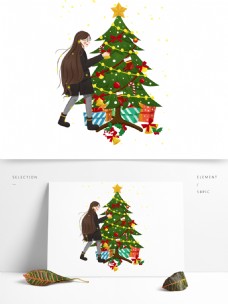 圣诞女孩彩绘小清新装饰圣诞树的女孩