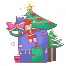 圣诞女孩圣诞节小女孩与礼物山插画
