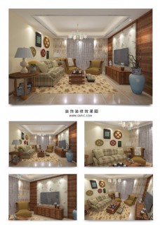沙发背景墙暖色温馨田园风格客厅装饰空间