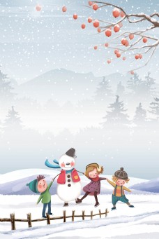 手绘简约冬至日堆雪人的小孩插画风节气海报