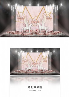 粉色飞马金线条圆环组合垂吊帷幕婚礼效果图