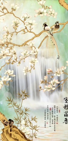 飞鸟新中式手绘工笔花鸟玄关背景墙