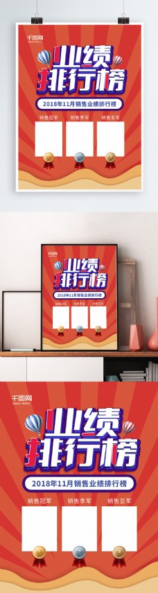 红色球简约风销售业绩排行榜立体字宣传海报