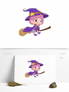 小可爱原创手绘骑着扫帚的魔法师可爱小女巫