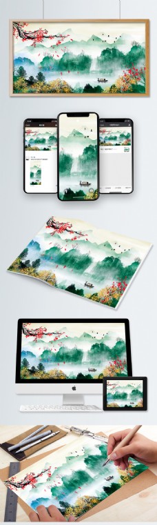 中国美景复古唯美风景画中国水墨画中国水彩画插画