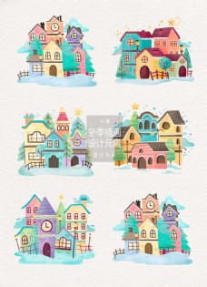 手绘圣诞冬季屋子插画设计元素
