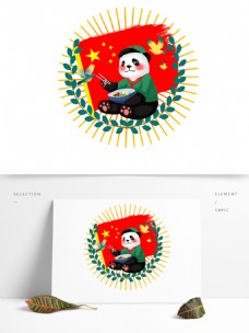 爱国主题吃面熊猫国旗和平鸽场景插画