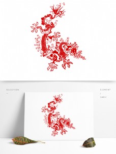 霸气中国风传统红色喜庆剪纸龙手绘元素