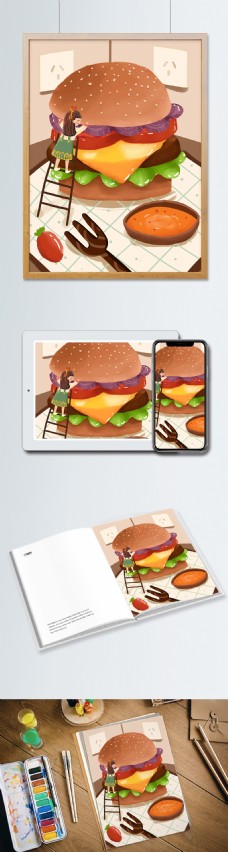 美食大作战之快餐西餐汉堡卡通手绘插画