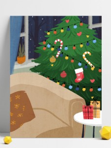 圣诞风景简约手绘风圣诞树与一个人的圣诞节背景素材