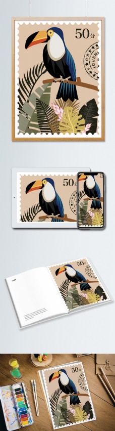 动物画复古邮票自然印记热带动物植物插画