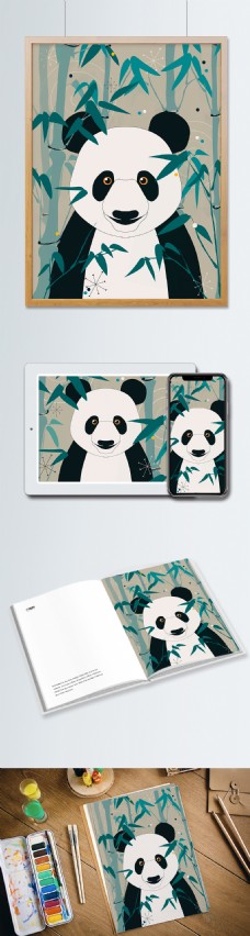 自然印记大熊猫与竹子复古插画