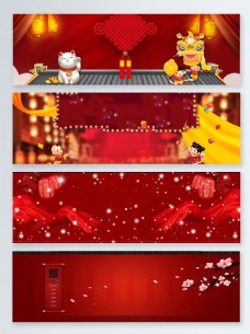 招财猫红丝带新年中国风红色banner背景