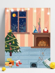室内背景卡通冬天圣诞节室内插画背景
