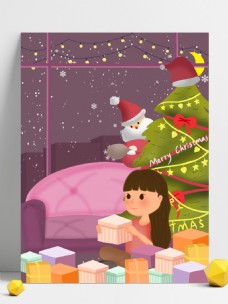 圣诞女孩卡通可爱女孩圣诞快乐红背景素材