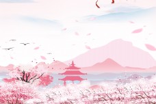 粉色彩绘古风桃花海报背景设计