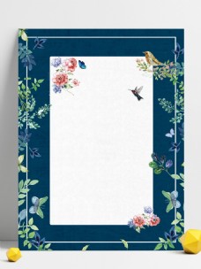 边框背景绿叶边框深蓝底纹花朵喜鹊背景素材