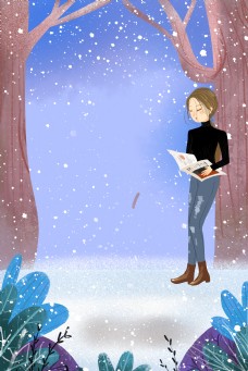 冬日室外美丽女孩看书插画海报